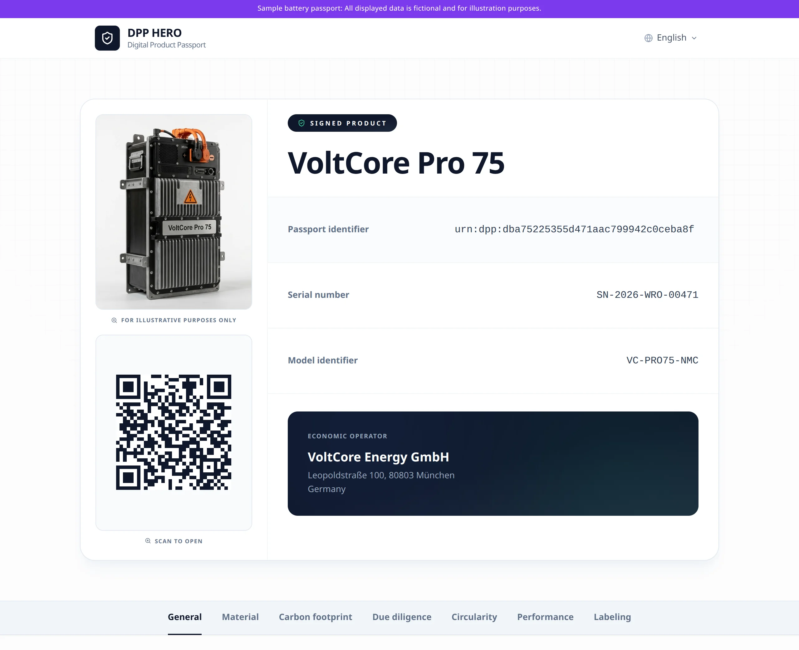 Public view of a sample battery passport in DPP Hero with product photo, QR code, passport identifier, serial number, model identifier, economic operator and tabs for the other data categories